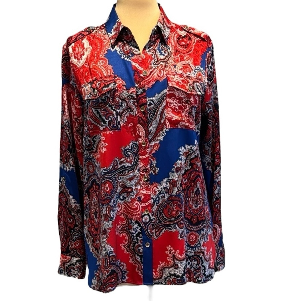 Jones New York Red White Blue Paisley Bandana Print Silky Blouse